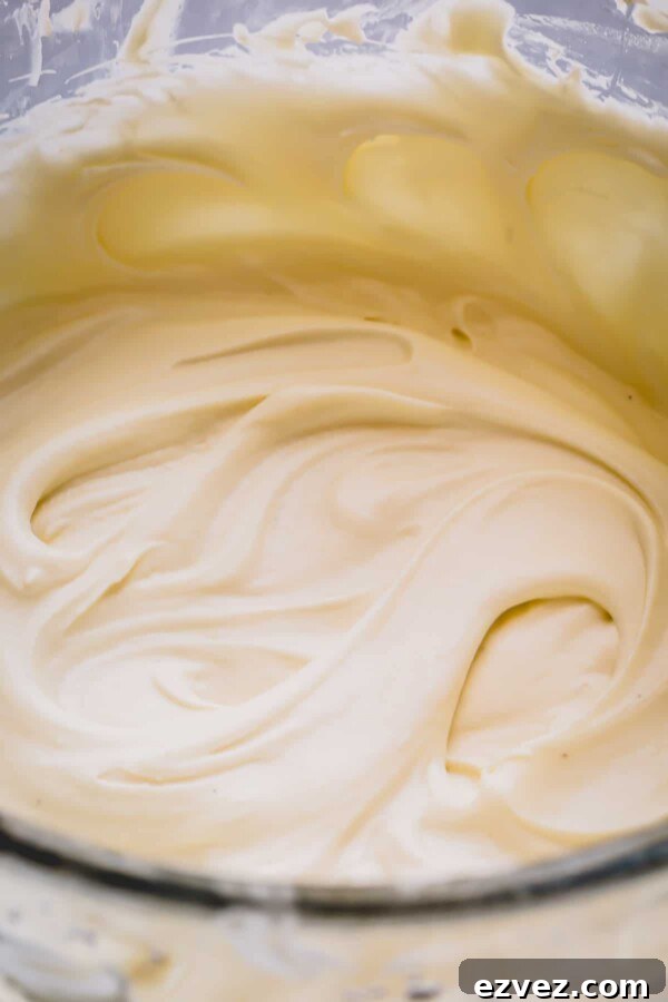 Upclose shot of creamy cream cheese frosting.