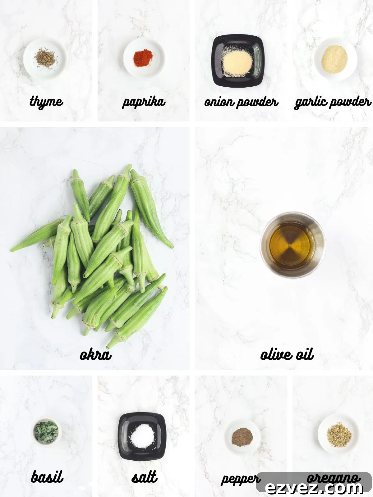 Collage of ingredients needed to make oven roasted okra.