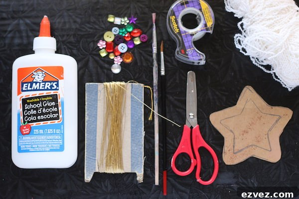 materials for craft: glue, thread, cardboard, scissors, tape, yarn, buttons/beads