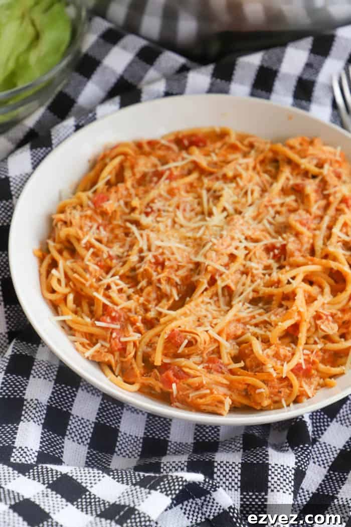 Creamy Tomato Chicken Spaghetti Made in a Slow Cooker 2 Slow Cooker Creamy Tomato Chicken Spaghetti in a white bowl