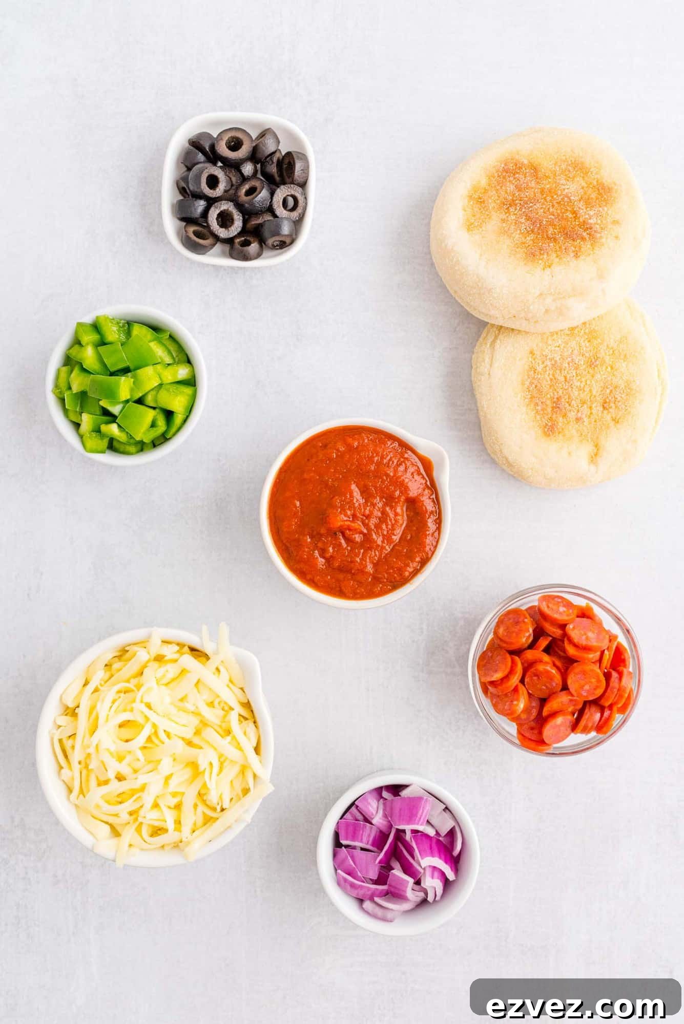 Quick English Muffin Pizzas for Fast Weeknight Dinner 3 Overhead view of ingredients needed for recipe.
