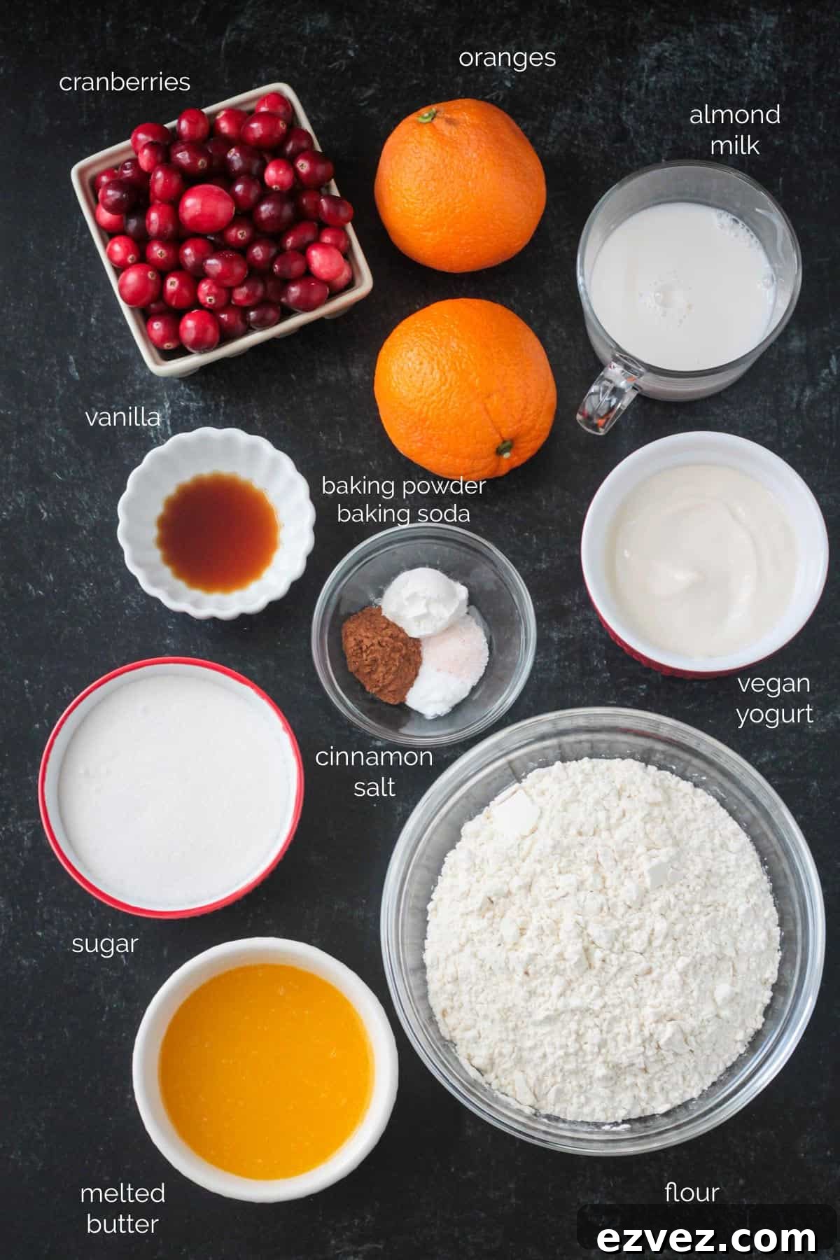 Recipe ingredients arrayed in individual bowls.