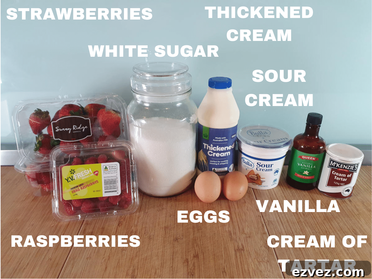 Eaton mess ingredients, strawberries, raspberries, white sugar, eggs, thickened cream, sour cream, vanilla essence, cream of tartar.