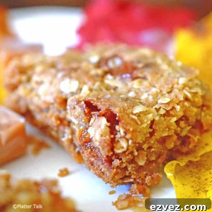 Chewy Caramel Apple Bars with Cinnamon Streusel 5 A close up of a apple bar