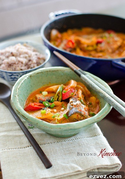 Mackerel pike kimchi stew is served with rice
