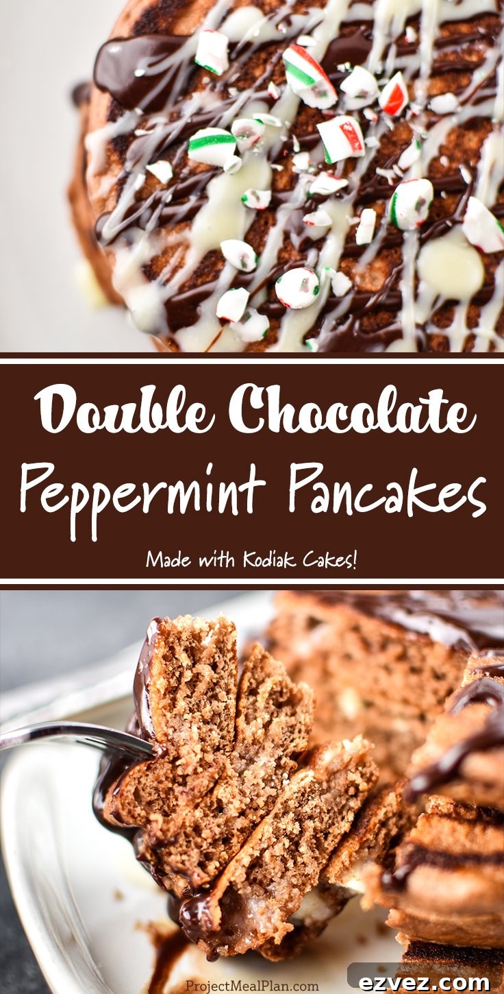Pancakes being drizzled with chocolate with text, Double Chocolate Peppermint Pancakes