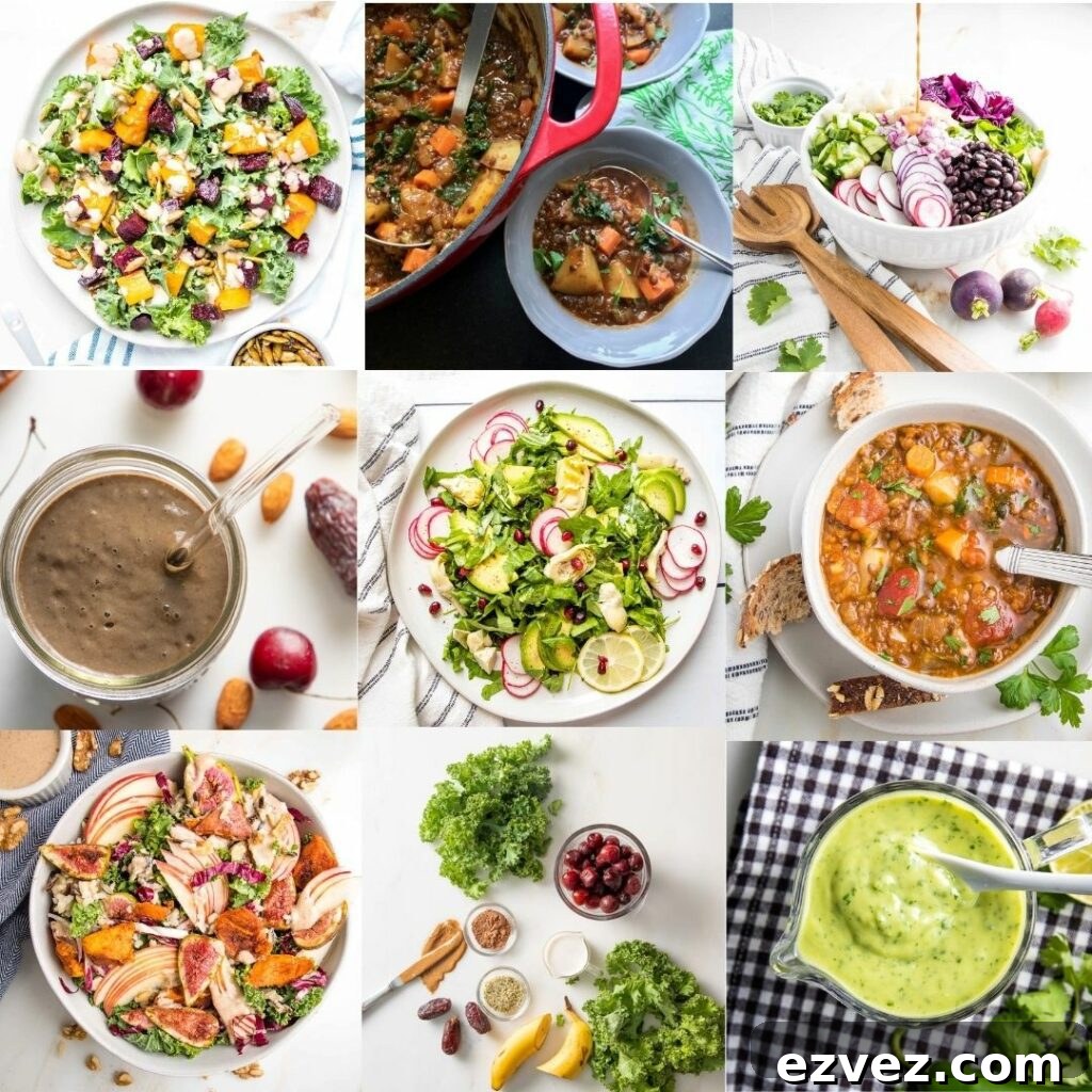 9 grid of photos, recipes including leafy greens, ranging from bright salads, to stews and soup and smoothies too. 