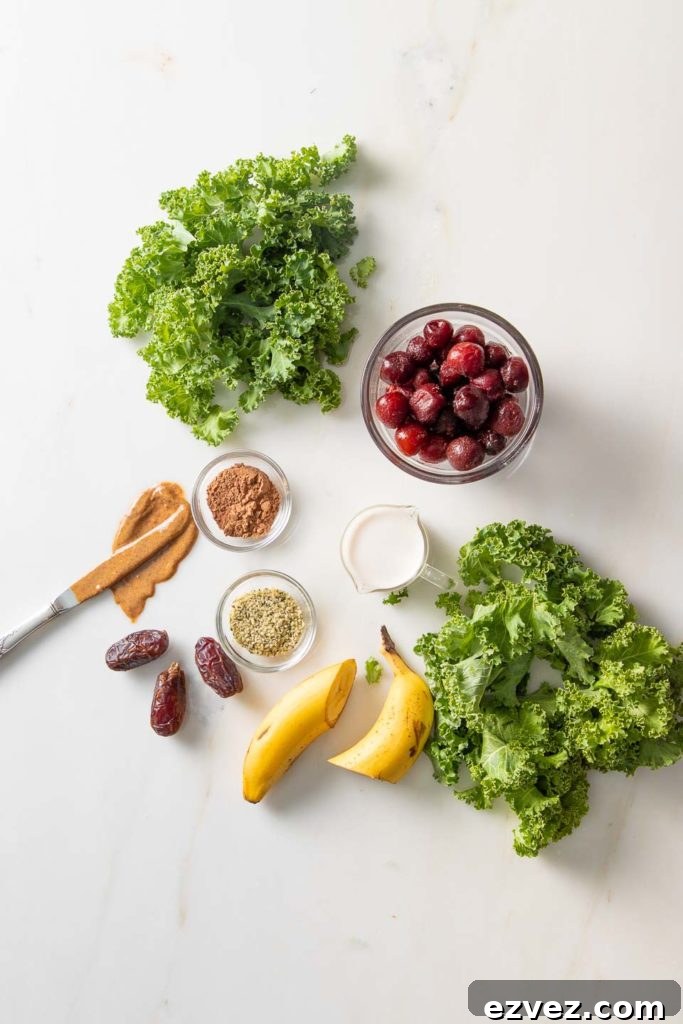 Greens, banana, dates, cherries, almond butter