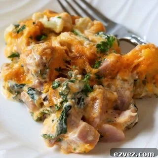 Creamy Ham and Rice Casserole Made with Leftover Ham 8 Feature image of a very closeup view of leftover ham casserole served on a white plate - nice melted cheese, bits of ham and vegetables and a garnish of fresh parsley.