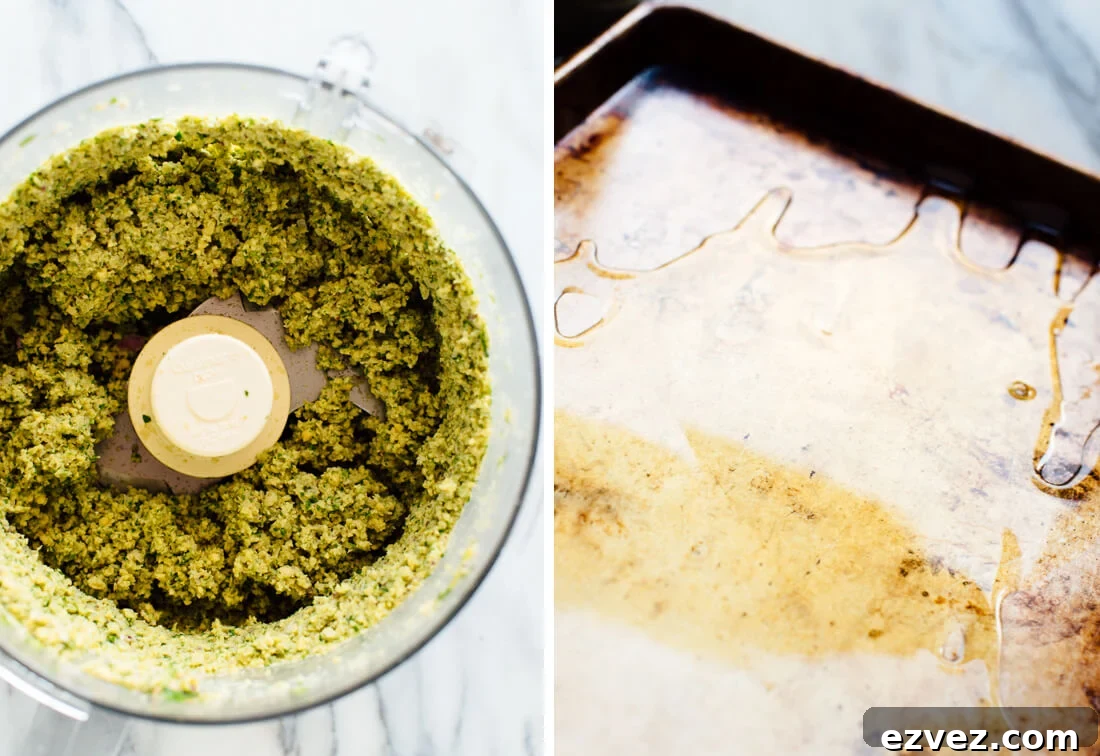 food processor with falafel mixture and sheet pan coated with olive oil