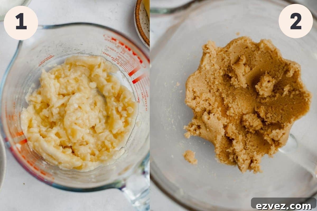 a glass jug with mashed bananas and a large mixing bowl with creamed butter and sugar in it.