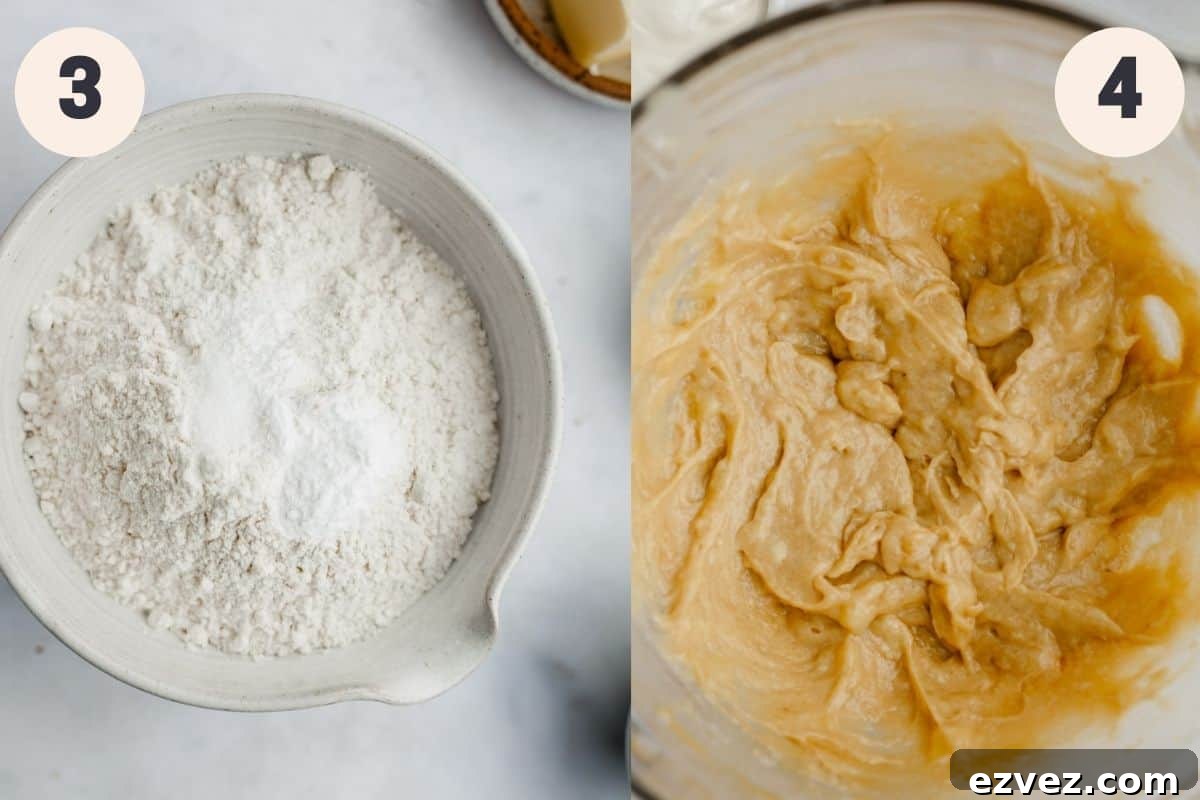 a ceramic white bowl with flour in it and a large mixing bowl with banana bread batter in it.