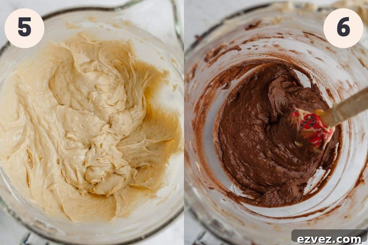 A mixing bowl with what looks like batter in it, then a bowl with chocolate banana bread batter.