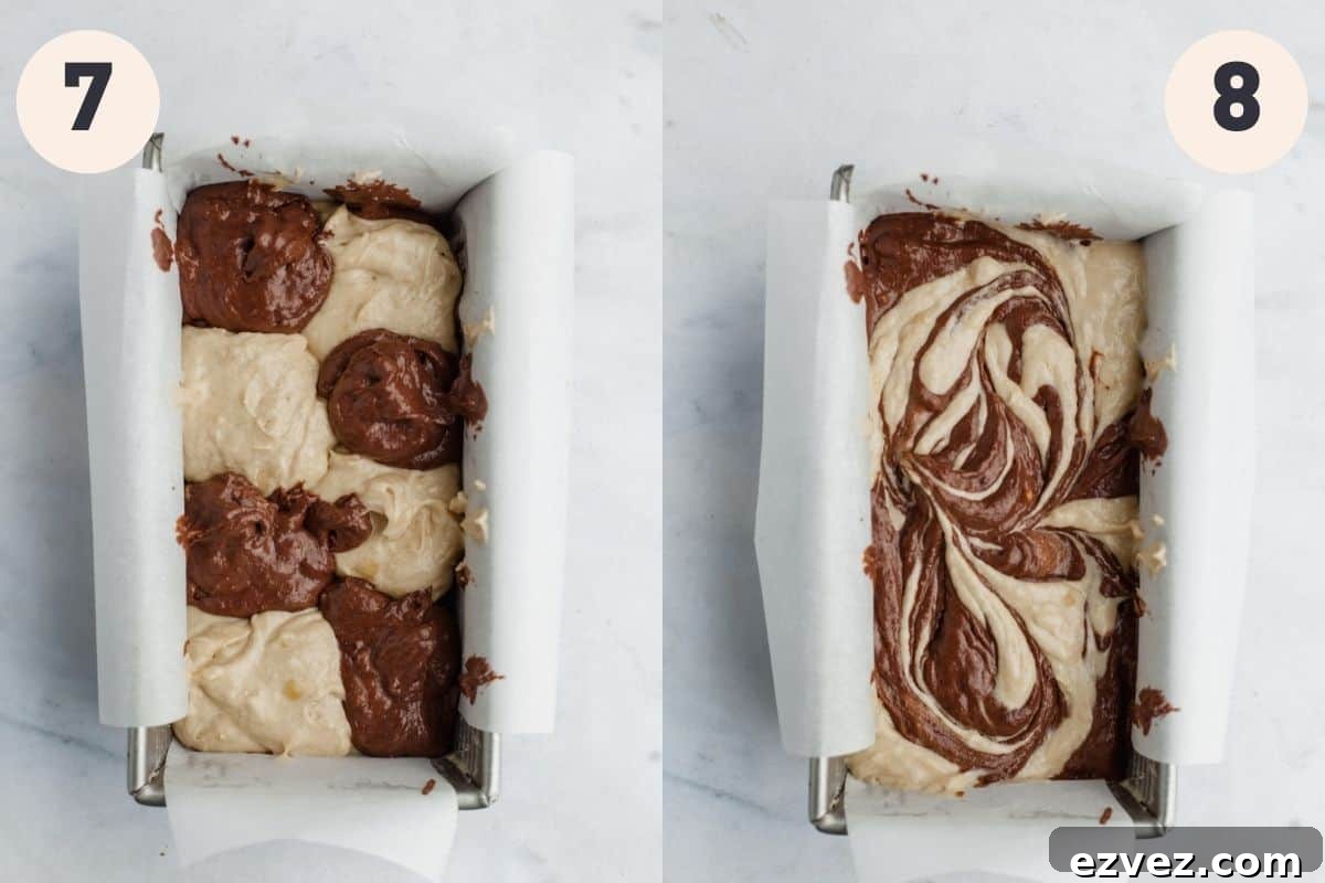 a loaf pan with chocolate and tahini batter, then swirled together.