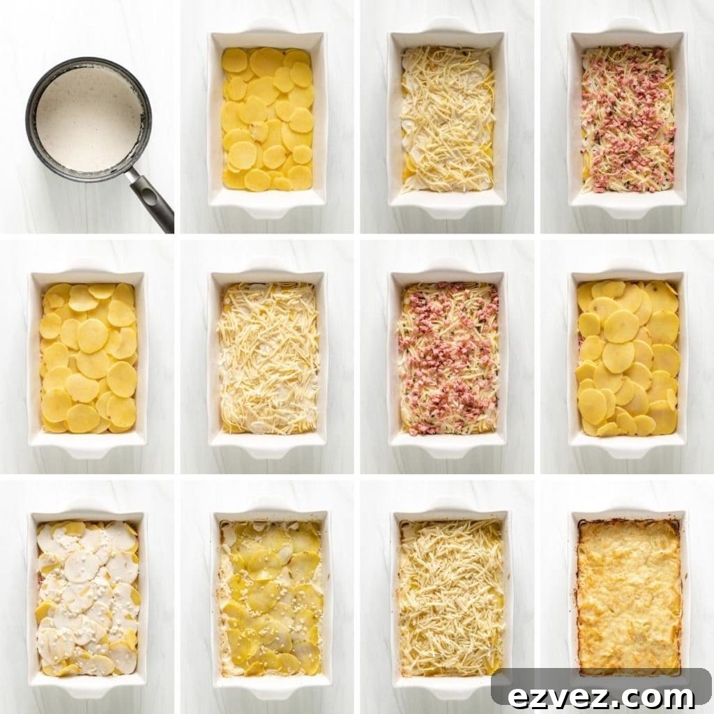 Collage showing how to make potatoes au gratin.