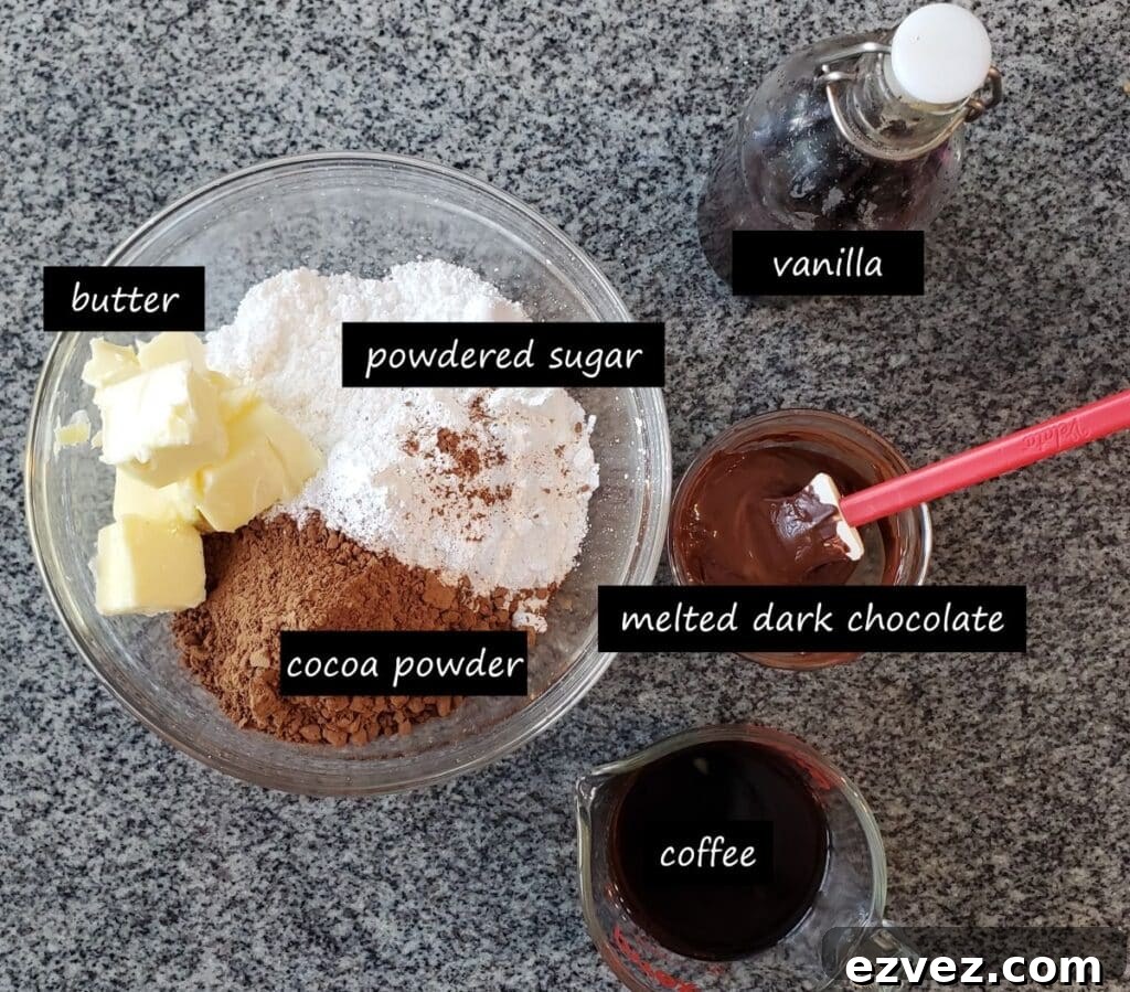 Decadent Gluten-Free Chocolate Cake Recipe for Perfect Texture 5 ingredients separated in bowls for chocolate fudge frosting.