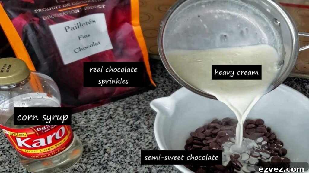 Decadent Gluten-Free Chocolate Cake Recipe for Perfect Texture 6 ingredients for making ganache and pouring hot cream over chocolate.