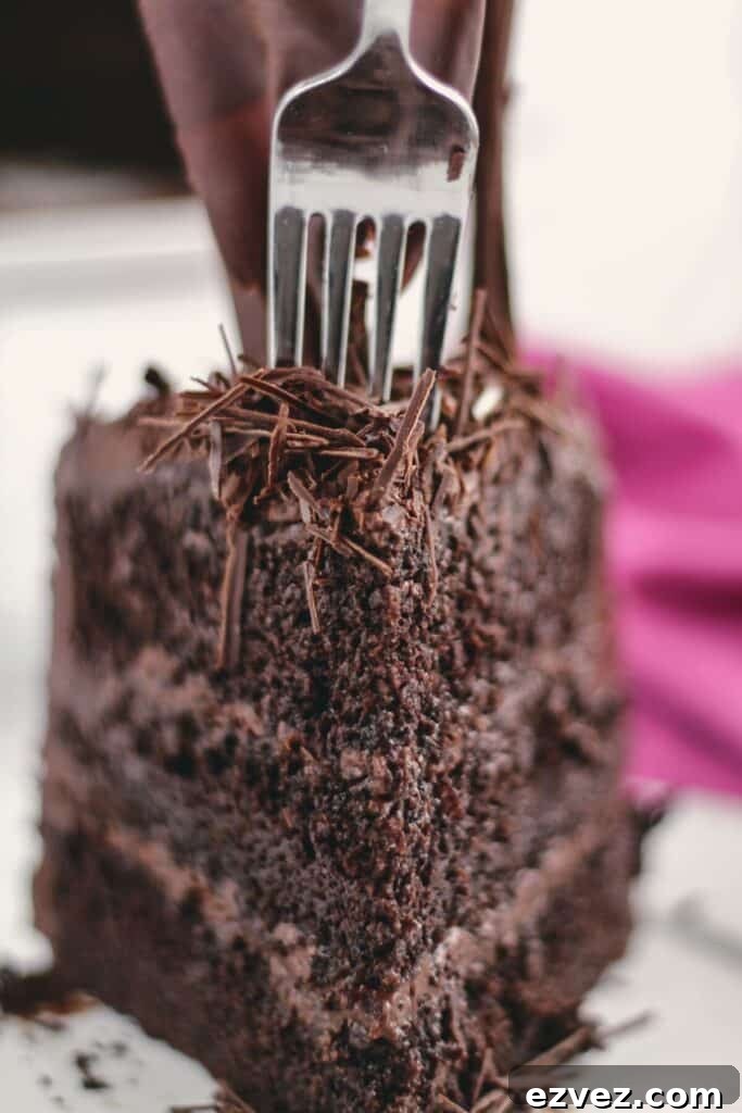 Decadent Gluten-Free Chocolate Cake Recipe for Perfect Texture 8 sticking fork through slice of gluten free chocolate cake on plate with hot pink cloth napkin in the background.