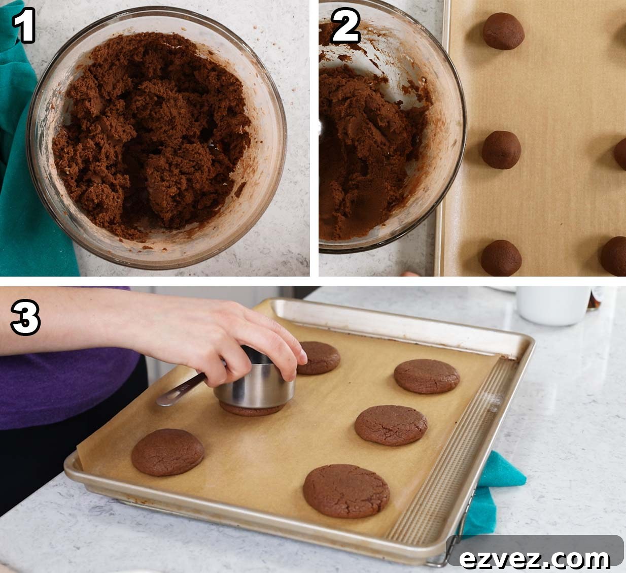 Three photos showing chocolate cookie dough being scooped, rolled, baked, and flattened after baking.