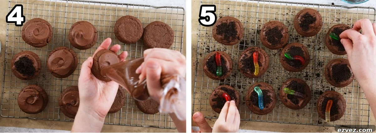 Two photos showing chocolate icing being piped on chocolate cookies before oreo cookie crumbs and gummy worms are added on top.
