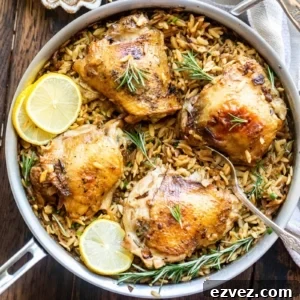 overhead image of chicken in a pan with orzo