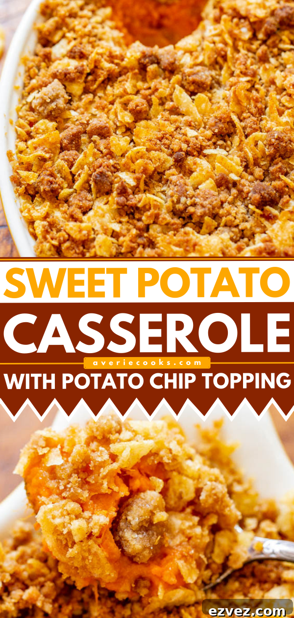 Sweet and Savory Sweet Potato Casserole — A fun and EASY twist on classic sweet potato casserole that uses potato chips in the topping for a SALTY-SWEET flavor the whole family will love!! Great for Thanksgiving and Christmas celebrations!!