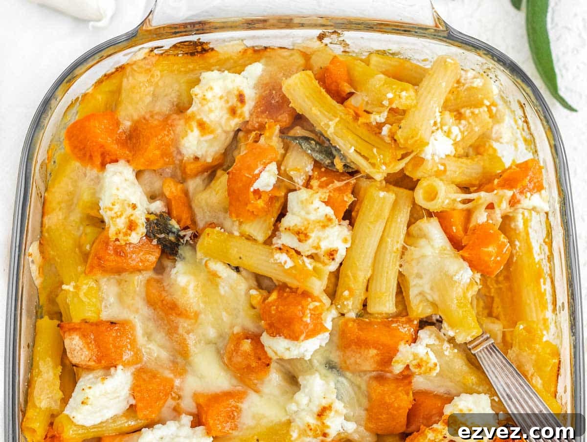 Pumpkin pasta bake with silver spoon