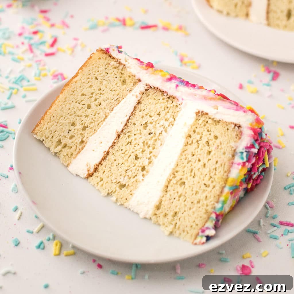 Slice of low carb birthday cake on a white plate surrounded by colourful sprinkles 
