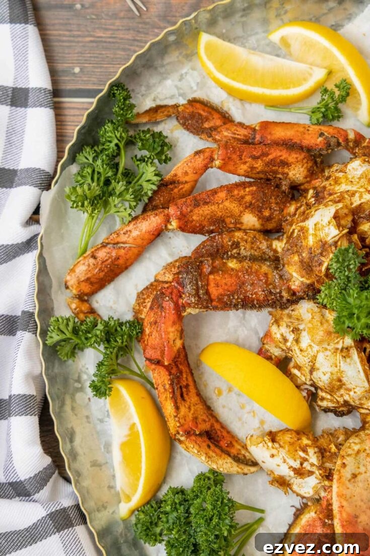 Overhead of crab legs on rimmed metal tray near plaid gray cloth and garnished with parsley sprigs and lemon wedges.
