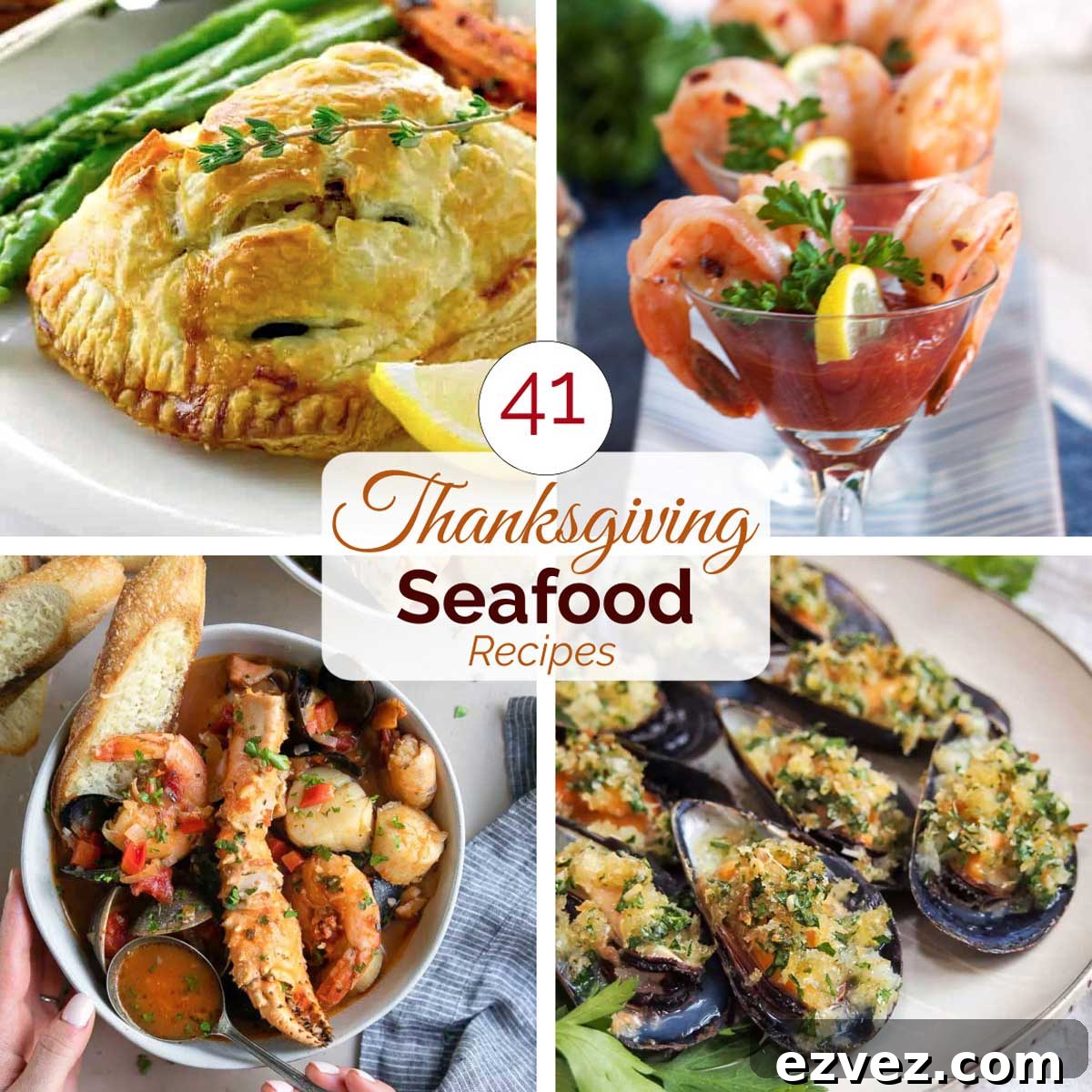 Square image with 4 recipe photos and text overlay "Pinnable graphic showing 4 recipes with text "41 Thanksgiving Seafood Recipes".