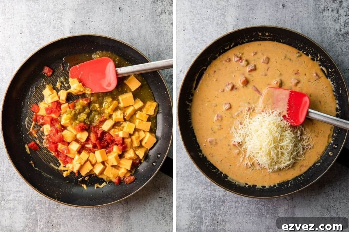 melting velveeta cheese cubes along with tomatoes and salsa verde in a skillet