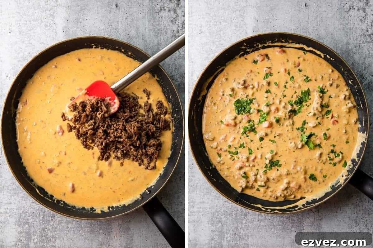 adding cooked ground beef to melted velveeta queso