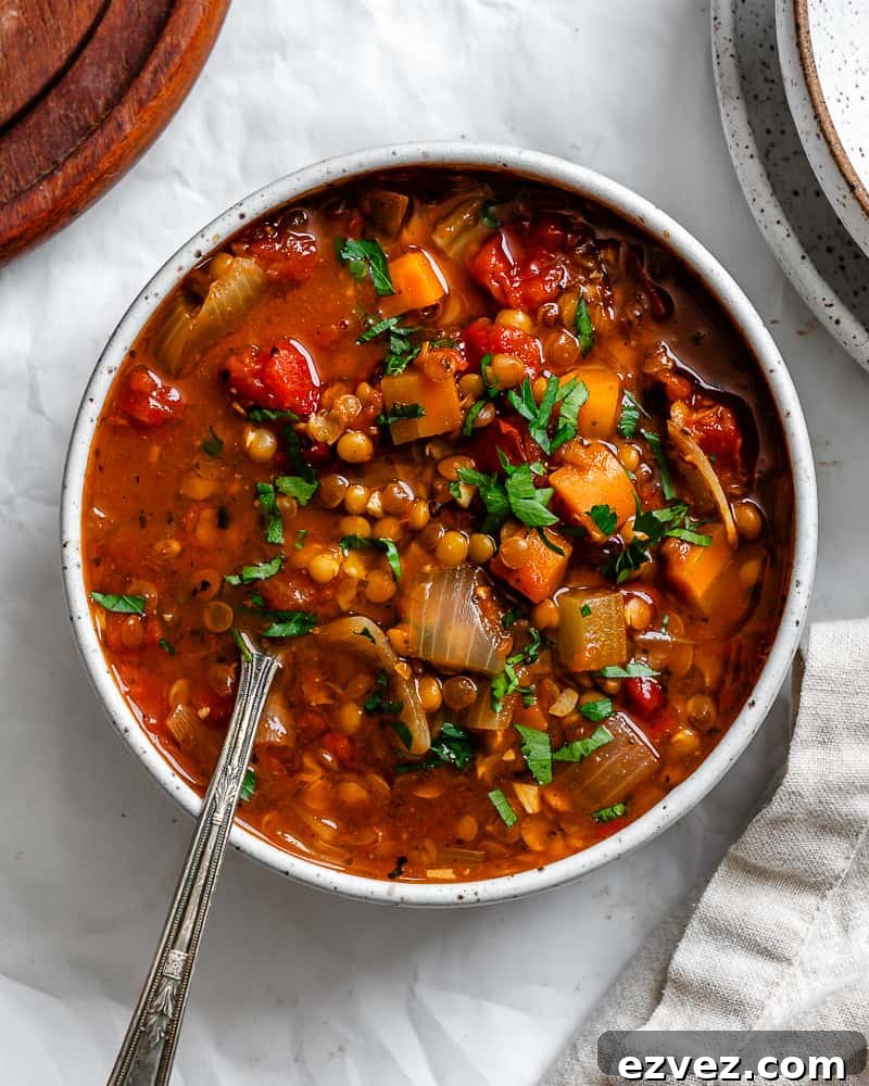 Hearty Spicy Lentil Soup Recipe with Warm Moroccan Flavors 2 completed Spicy Lentil Soup plated against a white surface