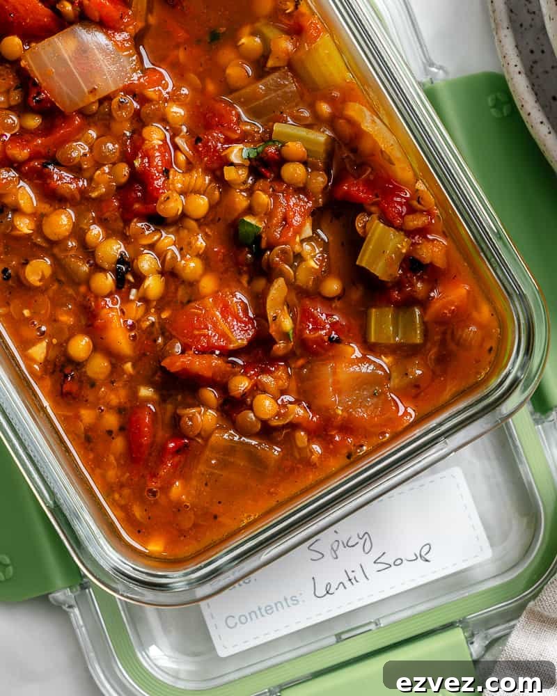 Hearty Spicy Lentil Soup Recipe with Warm Moroccan Flavors 15 completed Spicy Lentil Soup in a storage container