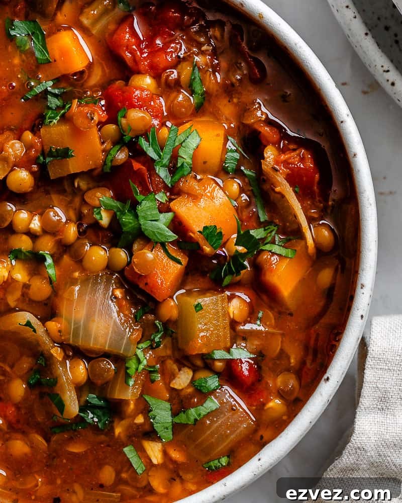 Hearty Spicy Lentil Soup Recipe with Warm Moroccan Flavors 16 completed Spicy Lentil Soup plated against a white surface