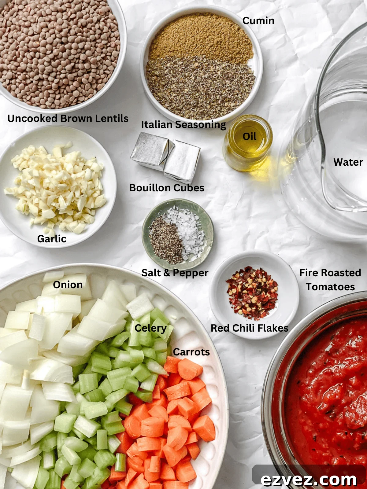 Hearty Spicy Lentil Soup Recipe with Warm Moroccan Flavors 3 ingredients for Spicy Lentil Soup on a white surface