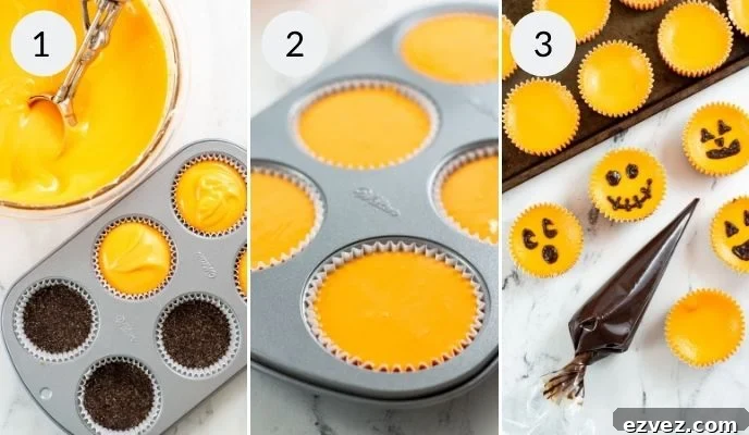 Jack-o'-Lantern Halloween Cheesecake Recipe for Party Treats 7 Topping the graham cracker crust with the cheesecake filling in the muffin tins.
