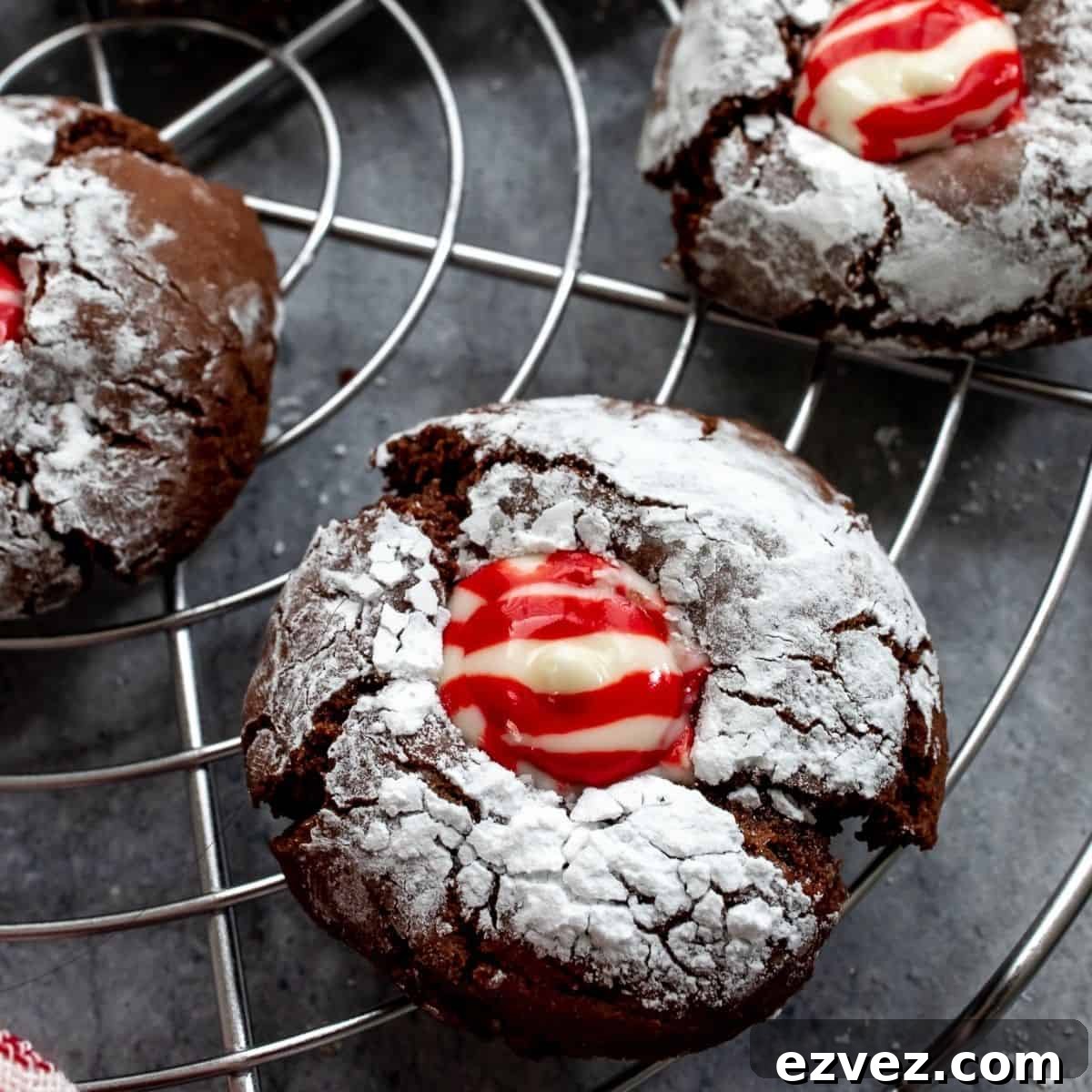 Close up photo of brownie crinkle cookies.