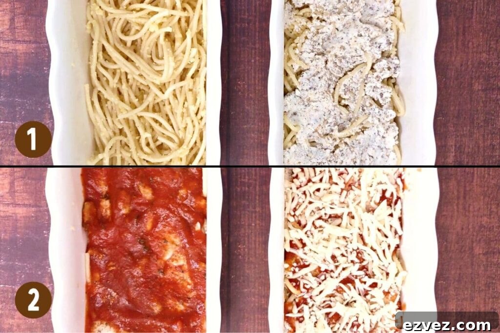 layer spaghetti ricotta and sauce in casserole dish