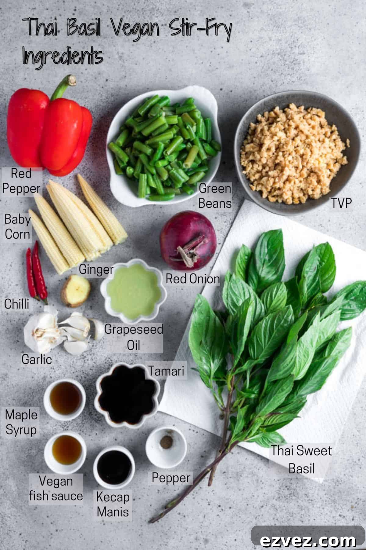 Labelled photo showing all the ingredients to make this Thai basil vegan stir-fry.