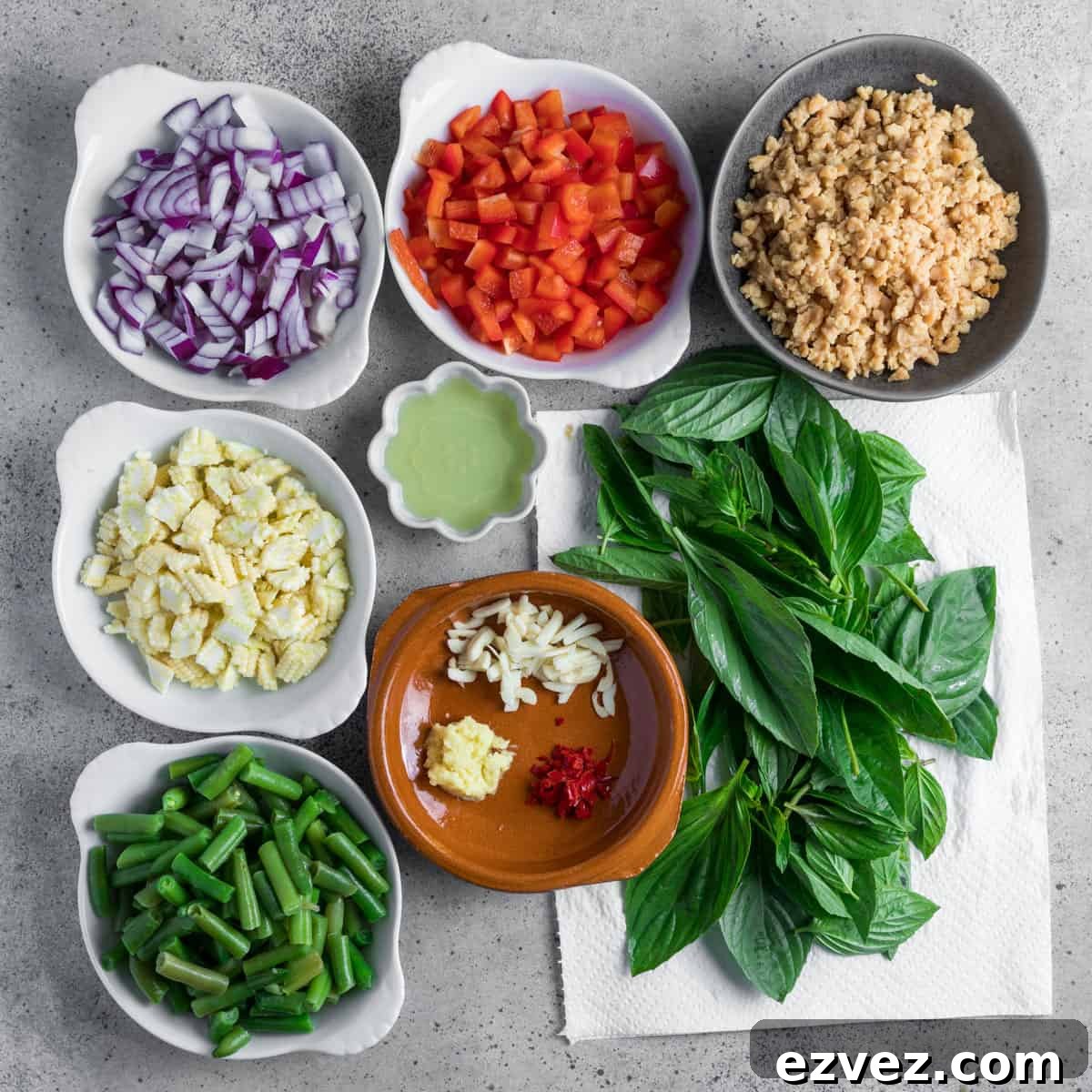 Photo of all vegetables chopped and prepared ready for stir-frying.