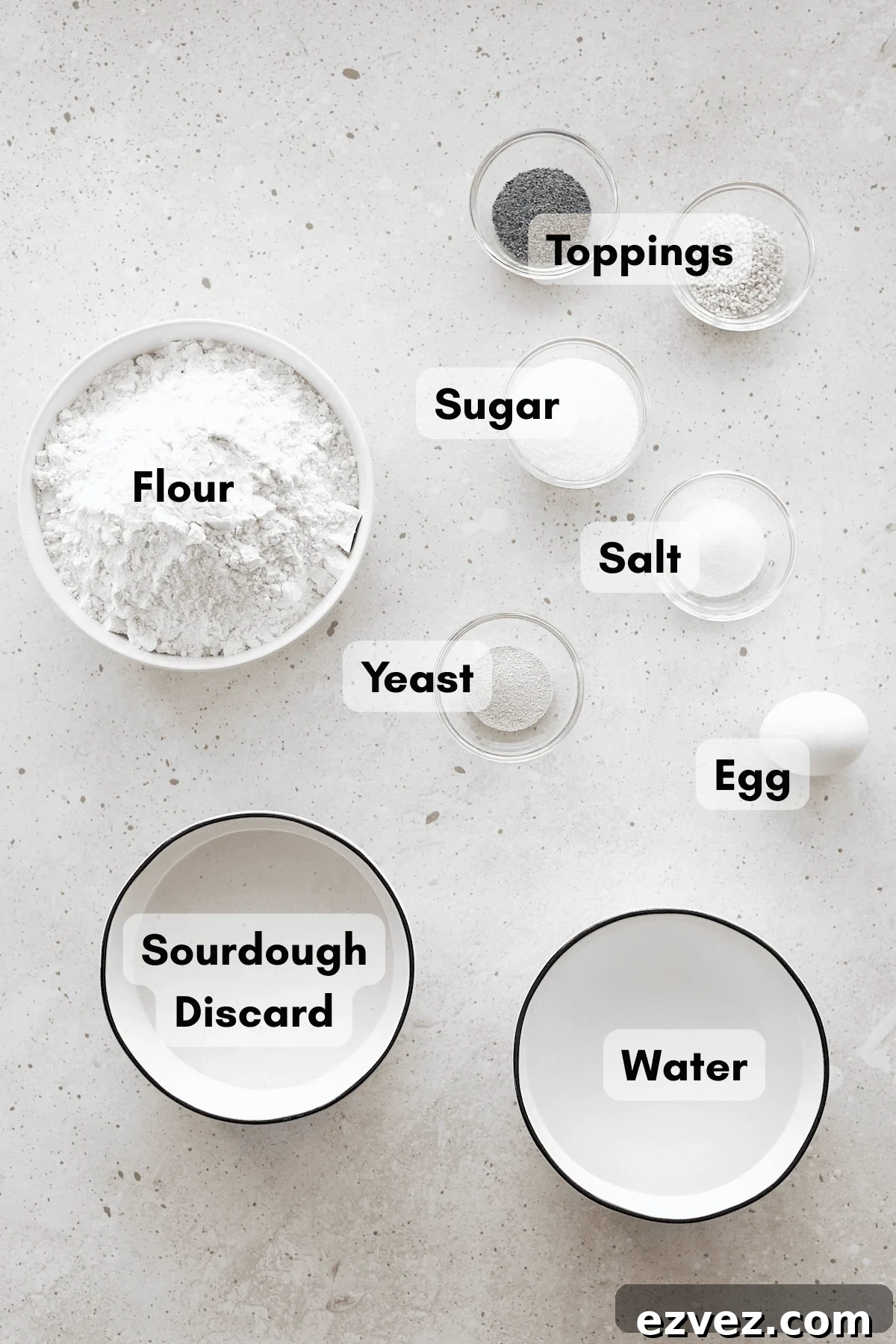Ingredients for Sourdough Discard Bagel Bites in small bowls.
