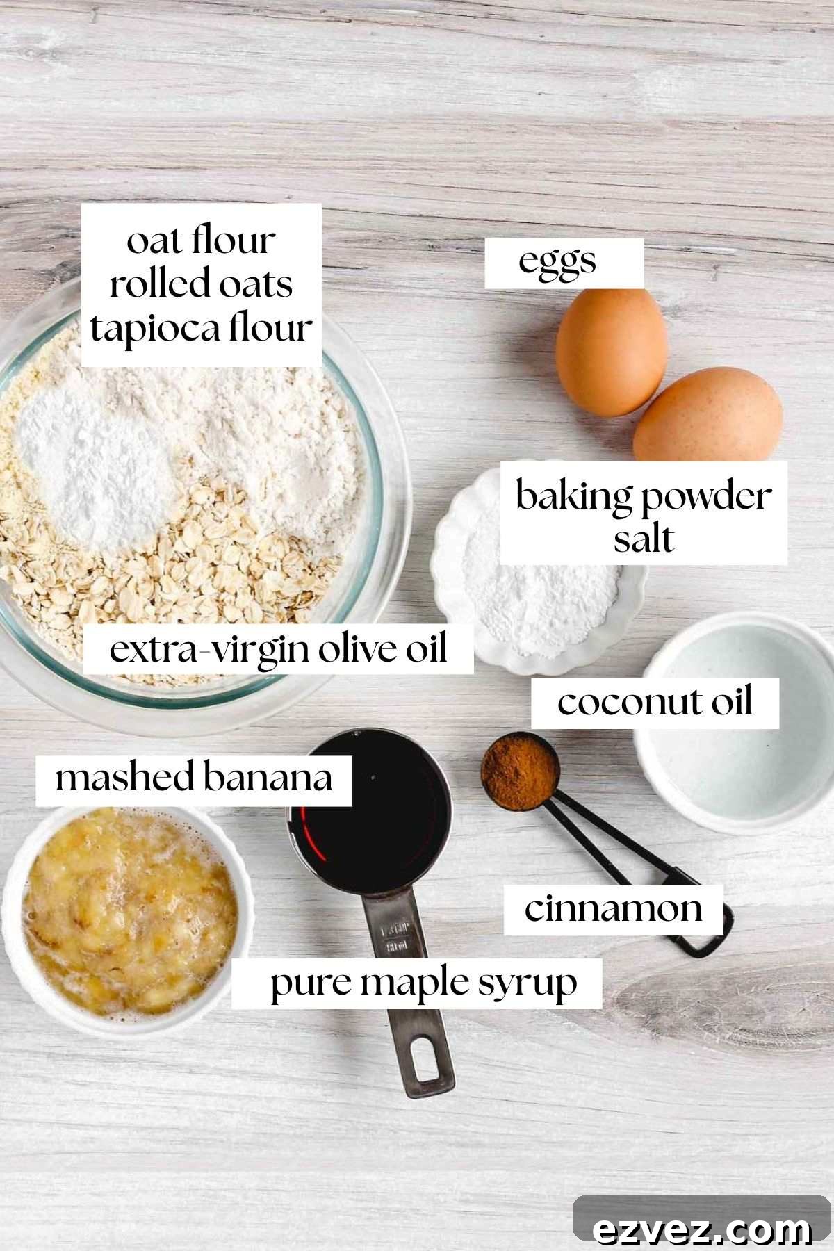 Labeled ingredients for gluten-free banana oat muffins.