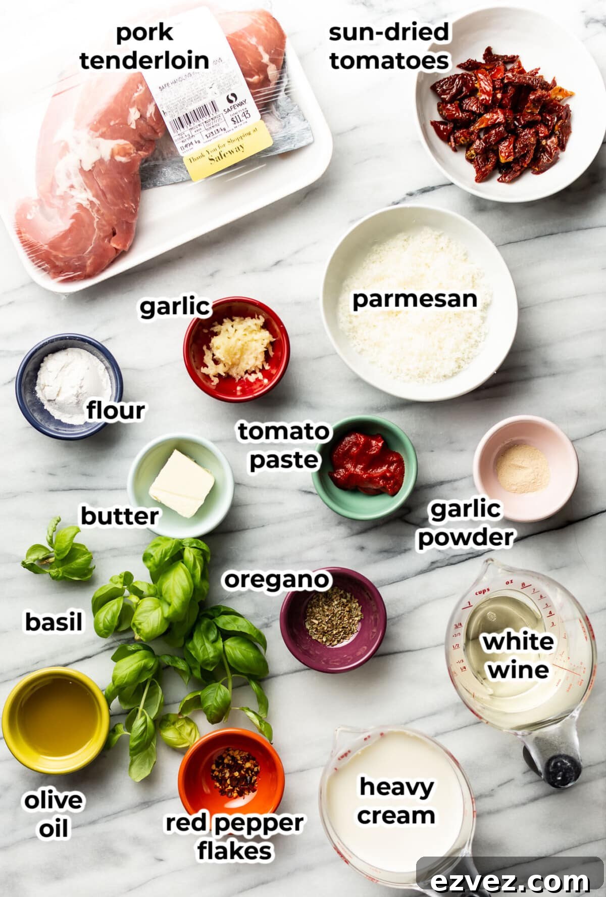 ingredients for marry me pork tenderloin in prep bowls