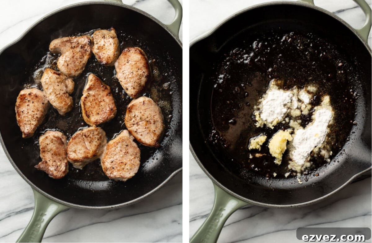 pan frying pork tenderloin and making a roux in a skillet