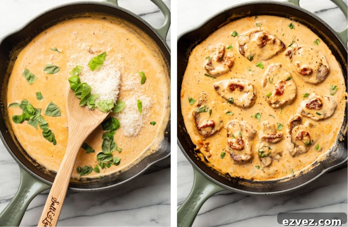 stirring in parmesan and basil to a skillet with marry me pork tenderloin