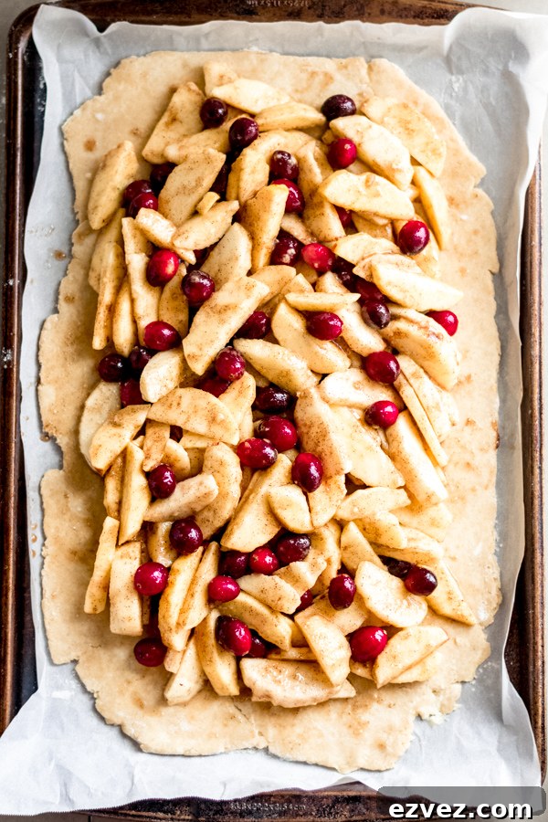 Apple slices and cranberries on pie dough on a tray.