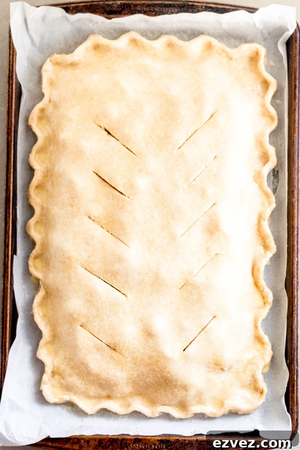 Cranberry apple slab pie ready to go into the oven.