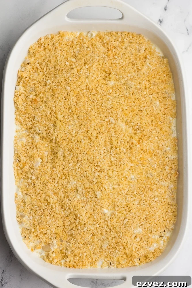 mac and cheese with breadcrumb topping before cooking