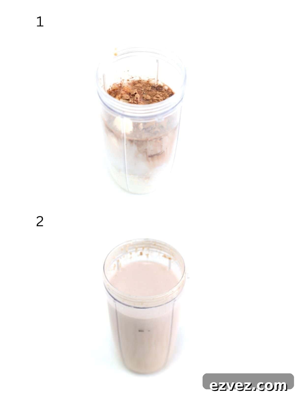 Two numbered images showing how to make a peanut butter banana oatmeal smoothie in a NutriBullet Pro blender.